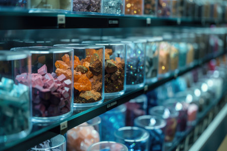 Labeled glass containers filled with colorful rare earth mineral samples neatly arranged on a laboratory shelf. soft lighting enhances the vibrant hues and unique textures, the variety and scientific presentation of the minerals.の素材