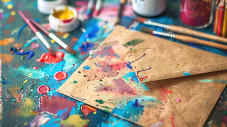 Kraft paper envelope featuring unique hand-drawn illustrations in a vibrant art studio. surrounded by paintbrushes and markers, the colorful setting blends artistic chaos and creativity, ideal for artistic inspiration or crafts.の素材