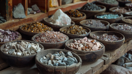 Raw, unprocessed rare earth minerals are arranged in wooden containers, showcasing various colors and shapes. the scene is warmly lit, creating an earthy ambiance suitable for natural-themed design applications.の素材