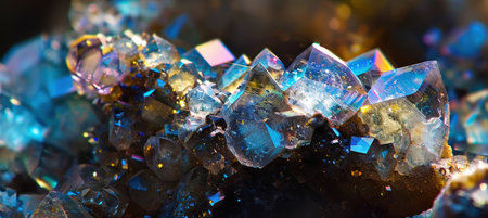 High detail macro photograph of rare earth mineral crystals embedded in raw rock, showcasing glistening facets under bright light. ideal for showcasing geological beauty, or illustrating industrial and scientific concepts.の素材