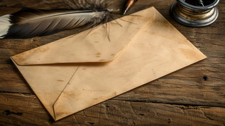 An aged vintage envelope rests on a weathered wooden table, accompanied by a feather quill and ink pot. the sepia tone enhances the nostalgic, retro feel, perfect for themes of historical communication and antique writing instruments.の素材