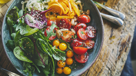 A vibrant, gourmet plant-based dish showcasing fresh, locally sourced ingredients. the colorful assortment includes cherry tomatoes, leafy greens, and spiralized vegetables, beautifully arranged in a rustic setting, ideal for culinary enthusiasts.の素材