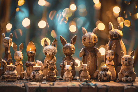Handcrafted wooden animal figurines are artfully arranged on a rustic table, accentuated by soft, warm lighting. the scene includes various animals and evokes a cozy, whimsical atmosphere ideal for decorative or thematic use.の素材