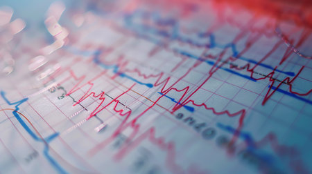 Close-up of an ecg printout showcasing irregular heart rhythms linked to cardiomyopathy. the intricate lines and patterns illustrate the electrical activity of the heart, serving as an essential tool for cardiologists and medical professionals.の素材