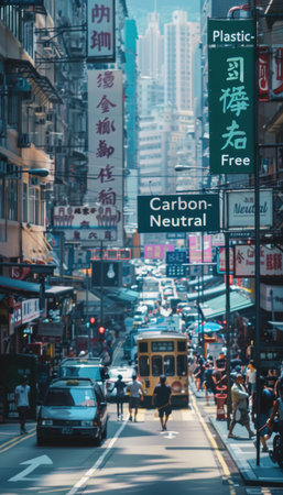 Bustling urban street scene showcasing businesses committed to sustainability with visible plastic free and carbon neutral signs. the vibrant environment highlights the shift towards eco-friendly commerce and conscious consumerism.の素材