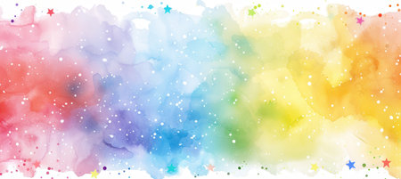 Vivid watercolor border featuring hand-painted rainbow hues, star accents, and soft pastel shades. ideal for festive backgrounds, creative invitations, and celebratory designs, capturing the essence of diversity and unity.の素材