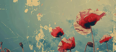 Vintage Memorial Day Poster with Bold Poppies and Military Symbols in Distressed Texturesの素材