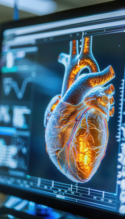 Innovative Cardiomyopathy Treatment Planning with 3D Heart Model Displayed on Digital Monitorの素材