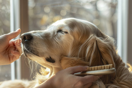 Eco-Friendly Grooming for Golden Retriever in Soft Daylight by a Windowの素材