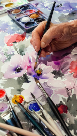 Hand painting vibrant watercolor florals, surrounded by an array of brushes and a colorful palette, embodies a scene of creativity. the close-up showcases artistic techniques and detailed brushwork perfect for design and decoration.の素材
