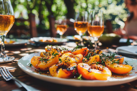 Grilled Peaches with Honey and Herbs in a Summer Outdoor Setting for Dessert Delightの素材