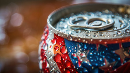 Macro Shot of Condensation on Soda Can with American Flag Reflection for Fourth of July Themeの素材