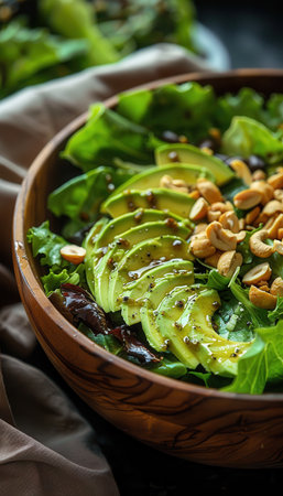 Fresh Garden Salad with Avocado, Nuts, and Vinaigrette for Healthy Meals and Recipe Ideasの素材