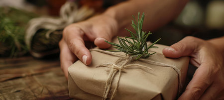 Eco-Friendly Gift Wrapping with Kraft Paper and Rosemary for Sustainable Holiday Giftingの素材