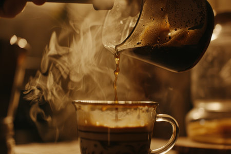 Steaming Coffee from French Press: Morning Ritual in Soft Light for Perfect Brew Atmosphereの素材