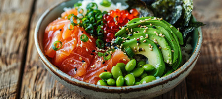 Rustic Culinary Delight: Vibrant Poke Bowl with Salmon and Fresh Vegetables on Wooden Tableの素材