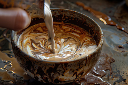 Artistic Pour of Steamed Milk into Rich Espresso for Intricate Latte Art Creationの素材