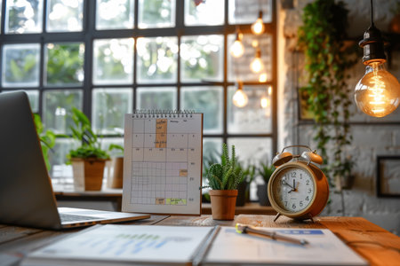 Organized Workspace with Planner and Clock Displaying Effective Time Managementの素材