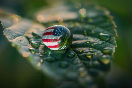Macro View of Dewdrop Reflecting American Flag on Leaf in Natural Sunlightの素材