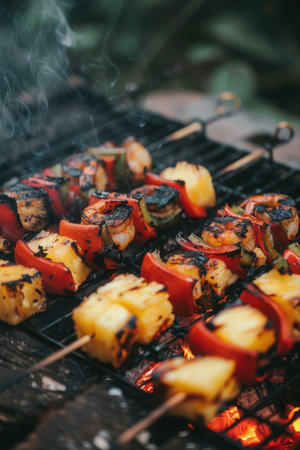 Grilled pineapple, shrimp, and peppers on skewers create a vibrant, colorful bbq dish. the smoky grill marks enhance the visual appeal while the mix of fruits and vegetables exudes tropical summer flavors perfect for outdoor dining.の素材