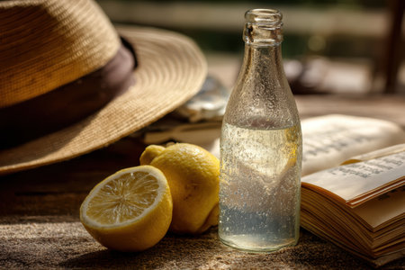 Glass bottle of condensation-covered lemonade, accompanied by a sunhat and an open book. capturing a cozy ambiance perfect for a relaxing summer day. ideal for evoking leisure, refreshment, and outdoor relaxation.の素材