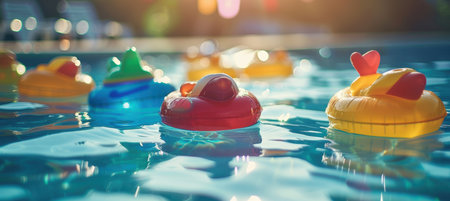 Close-up of colorful plastic water toys floating in a sunlit pool, capturing the essence of a warm summer day. the sun reflects off the water's surface, enhancing the playful, vibrant feel of a perfect holiday getaway.の素材