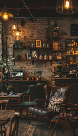Cozy Vintage Coffee Shop Interior with Warm Lighting and Inviting Atmosphere for Relaxationの素材
