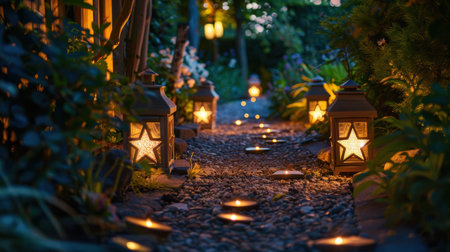 Enchanting Evening Garden Pathway Illuminated by Star-Shaped Lanterns for Outdoor Decorの素材