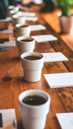 Overhead View of Business Cards and Coffee Cups at Networking Eventの素材