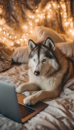 Husky Browsing Laptop on Bed with Ambient Fairy Lights in Cozy Home Settingの素材