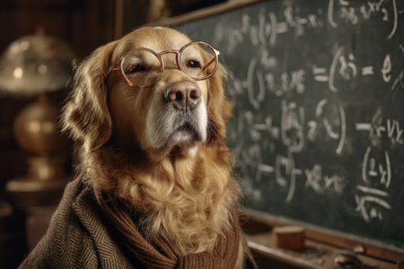 Golden Retriever in Glasses and Tweed Jacket Teaching at Chalkboardの素材