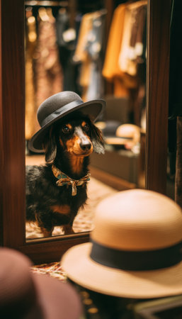 Dachshund Tries on Hats in Chic Fashion Boutique with Vintage Vibesの素材