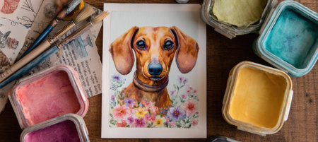 Dachshund Painting Watercolor Flowers with Brush and Pastel Paintsの素材