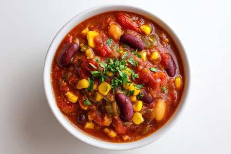 Vegan Chili Bowl with Beans, Corn, and Tomato on White Backgroundの素材