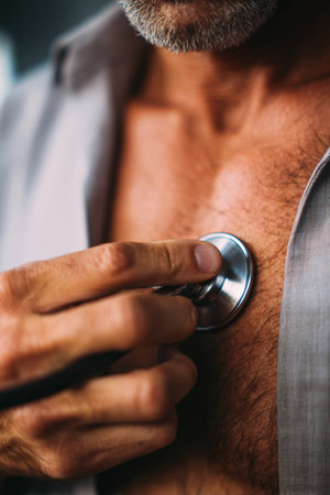 POV of Listening to Heart Sounds with Stethoscope on Patients Chestの素材