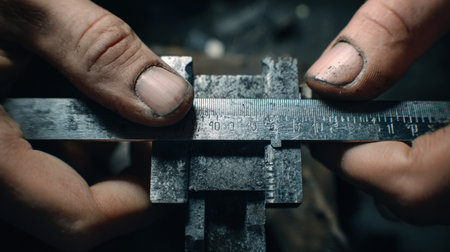 Close-up of Hands Measuring Metal Bulkhead Thickness with Caliperの素材