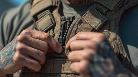 First-Person View of Hands Adjusting Bodycam on Tactical Vest for Gear Setupの素材