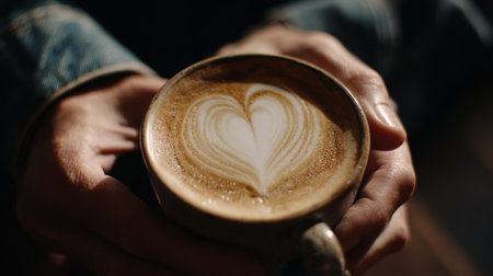 First-Person View of Latte Art Heart Pattern in Coffee Cupの素材