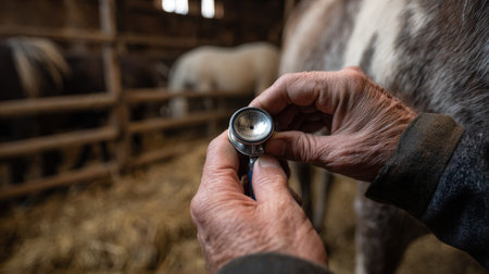 First-Person View of Stethoscope on Horse in Barn for Veterinary Checkupの素材