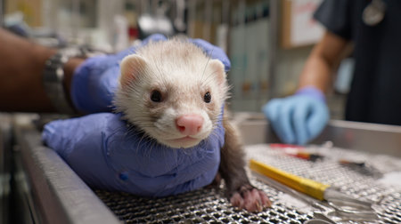 First-person view of ferret being placed on vet exam table with toolsの素材
