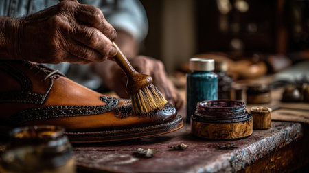 First-person view of cobbler polishing leather shoe on workbenchの素材