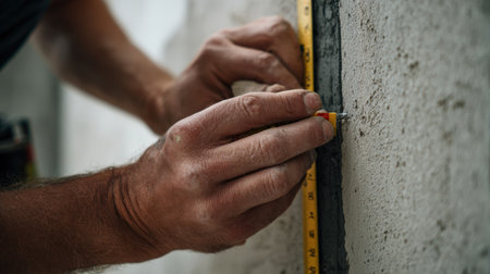 First-Person View of Hands Marking Wall with Chalk Line for Precise Drillingの素材