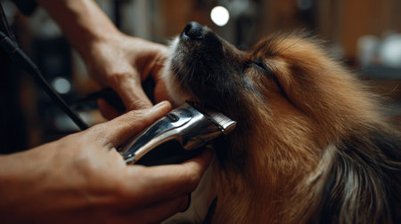 First-Person View of Dog Grooming with Electric Clippers in Studioの素材