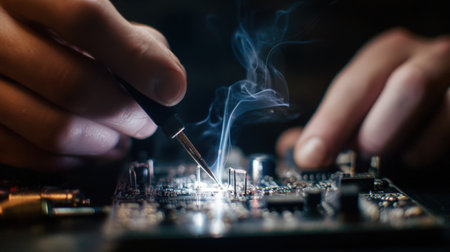 First-Person View of Soldering Circuit Board with Fine Tip Iron and Smoke Trailの素材