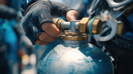 Close-up of Hands Adjusting Oxygen Tank Valve in Hazardous Zone Gearの素材