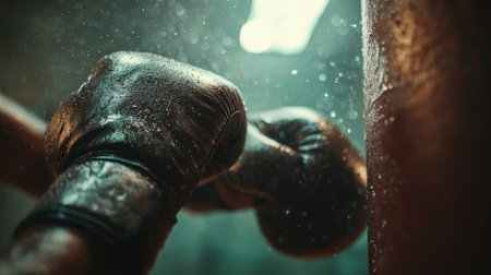 First-Person View of Gloved Hands Punching Bag with Intense Impact and Sweatの素材