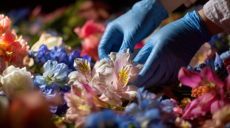First-Person View of Hands Shaping Vibrant Flower Bouquet with Careful Handlingの素材