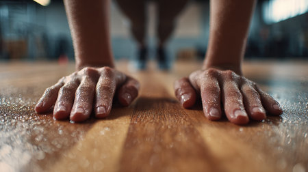 First-Person View of Hands in Plank Position on Gym Floor with Sweat Detailの素材