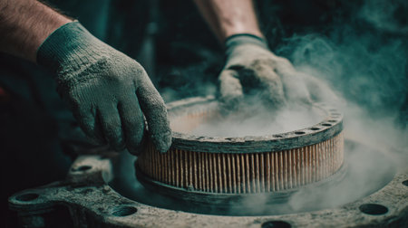 First-Person View of Hands Removing Dusty Air Filter for Replacementの素材