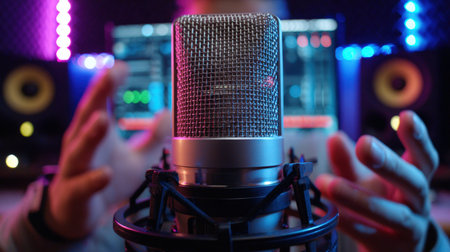First-Person View Adjusting Condenser Microphone in Vocal Booth with LED Lightsの素材